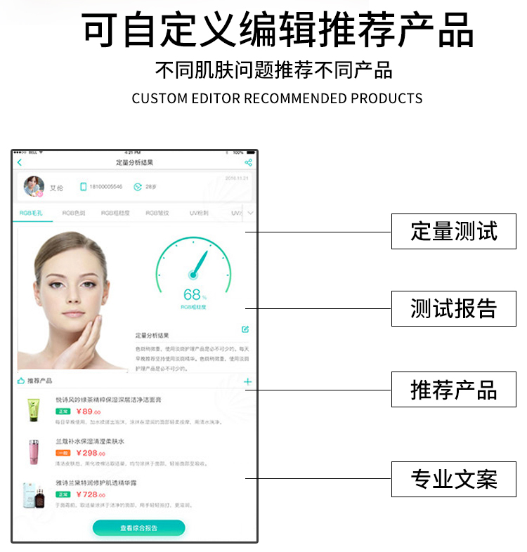 智能面部拍照儀針對(duì)不同的肌膚問題可自定義推薦不同的產(chǎn)品
